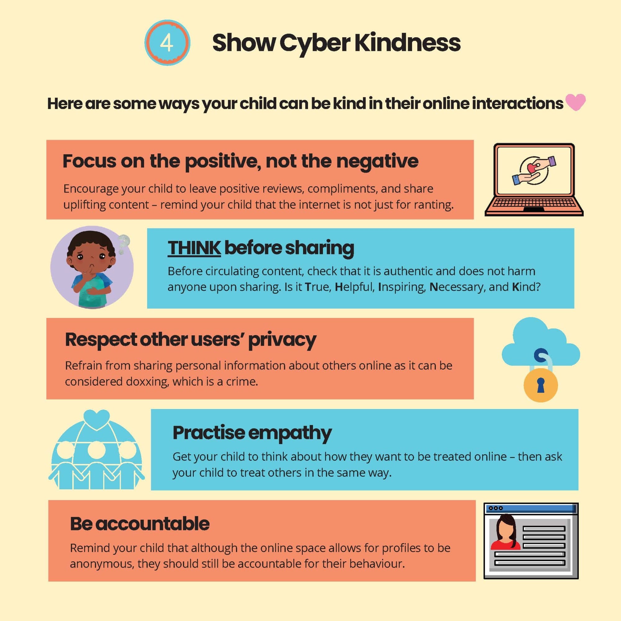 Infographic titled Show Cyber Kindness listing five tips for children to be kind online.